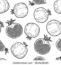 Seamless pattern of Black and white pomegranates. Healthy vegetarian food. Cartoon comics doodle style with contour. Decoration for greeting cards, posters, patches, prints for clothes, emblems