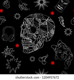 Seamless pattern with black and white pop art objects with skulls, clouds, stars, cherry, bananas, girl