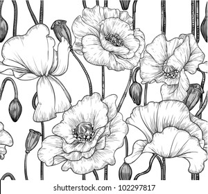 seamless pattern of black and white poppies