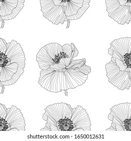 seamless pattern of black and white poppies.