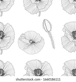 seamless pattern of black and white poppies.