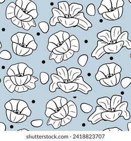 seamless pattern with black and white poppies and abstract shapes on pastel blue background