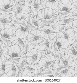 Seamless pattern of black and white poppies. Vector hand drawn illustration in retro style.
