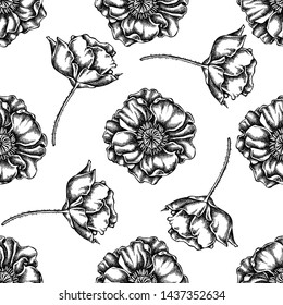 Seamless pattern with black and white poppy flower