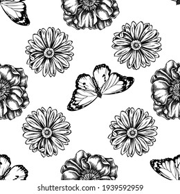 Seamless pattern with black and white poppy flower, calendula, plain tiger