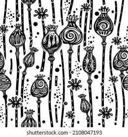 Seamless Pattern with black and white Poppy Heads