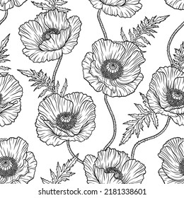 Seamless pattern with black and white poppy flowers. Papaver. Hand drawn line art sketch vector illustration. Ornate elegant summer background. Decor for Anzac day. Endless texture for textile.