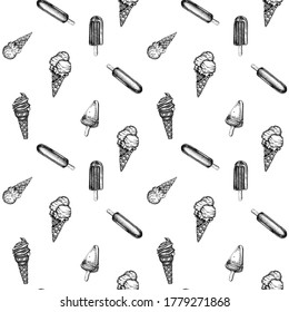 Seamless pattern with black and white popsicle ice cream, ice cream cones