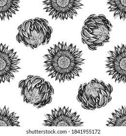 Seamless pattern with black and white protea