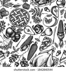 Seamless pattern with black and white pumpkin, fork, knife, pears, turkey, pumpkin pie, apple pie, corn, apples, rowan, maple, oak