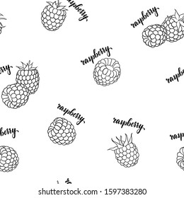 seamless pattern black and white raspberries with lettering text raspberry. design holiday greeting card and invitation of seasonal summer holidays, beach parties, tourism and travel