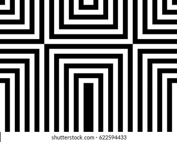 Seamless pattern with black white rectangles and striped lines. Optical illusion effect. Geometric tiles by op art, art deco. Vector illusive background, texture. Artistic element, design template.
