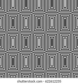 Seamless pattern with black white rectangles and striped lines. Optical illusion effect. Geometric tiles by op art, art deco. Vector illusive background, texture.  