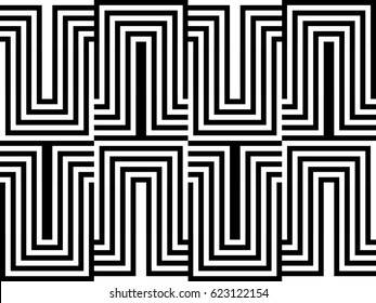 Seamless pattern with black white rectangles and striped lines. Optical illusion effect. Geometric tiles by op art, art deco. Vector illusive background, texture. Artistic element, design template.