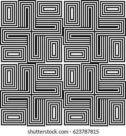 Seamless pattern with black white rectangles and striped lines. Optical illusion effect. Geometric tiles in op art style. Vector illusive background, texture. Technologic element, design template.