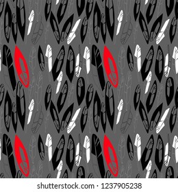Seamless pattern of black, white and red bird feathers.