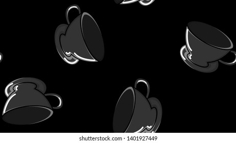 Seamless pattern of black and white repeating glasses and ceramic cups with a quick hot invigorating coffee American espresso robica arabica on a black background. Vector illustration