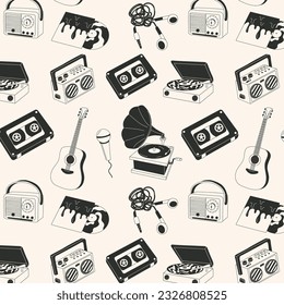 Seamless pattern with Black and white Retro musical things, isolated icon. Vector illustration design