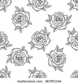 Seamless pattern with black and white rose isolated, background of monochrome roses, vector design for card, mother's day, wedding, birthday, textile, web, wallpaper, wrapping, print