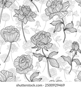 Seamless pattern with black and white roses. Abstract illustration.