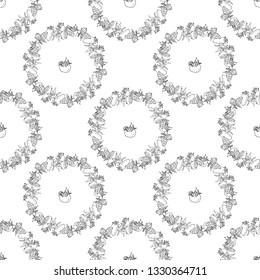 Seamless pattern with black and white round wreaths made of tomatoes. Template with monochrome outline round frames made of fresh vegetables on white background for your design