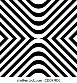 Seamless pattern with black white rounded diagonal striped lines. Optical illusion effect. Kinetic tile in op art style. Vector hypnotic background, texture. Futuristic frame, vibrant design.