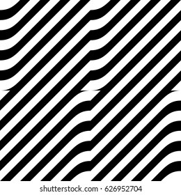 Seamless pattern with black white rounded diagonal striped lines. Optical illusion effect. Kinetic tile in op art style. Vector hypnotic background, texture. Futuristic frame, vibrant design.