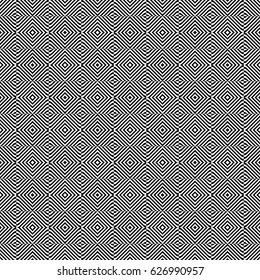Seamless pattern with black white rounded diagonal striped lines. Optical illusion effect. Kinetic tile in op art style. Vector hypnotic background, texture. Futuristic frame, vibrant design.