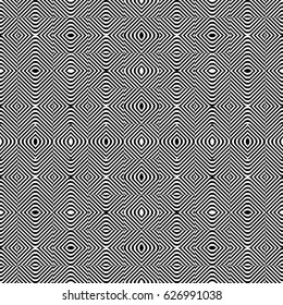 Seamless pattern with black white rounded diagonal striped lines. Optical illusion effect. Kinetic tile in op art style. Vector hypnotic background, texture. Futuristic frame, vibrant design.