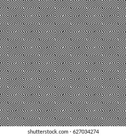 Seamless pattern with black white rounded diagonal striped lines. Optical illusion effect. Kinetic tile in op art style. Vector hypnotic background, texture. Futuristic frame, vibrant design.
