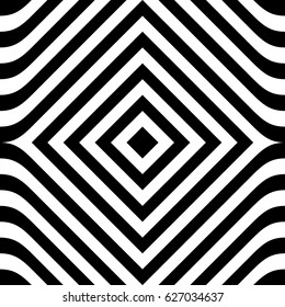 Seamless pattern with black white rounded diagonal striped lines. Optical illusion effect. Kinetic tile in op art style. Vector hypnotic background, texture. Futuristic frame, vibrant design.