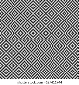 Seamless pattern with black white rounded diagonal striped lines. Optical illusion effect. Kinetic tile in op art style. Vector hypnotic background, texture. Futuristic frame, vibrant design.