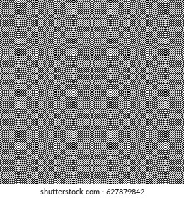 Seamless pattern with black white rounded diagonal striped lines. Optical illusion effect. Kinetic tile in op art style. Vector hypnotic background, texture. Futuristic frame, vibrant design.