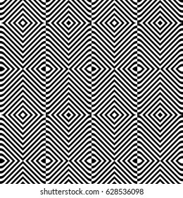 Seamless pattern with black white rounded diagonal striped lines. Optical illusion effect. Kinetic tile in op art style. Vector hypnotic background, texture. Futuristic frame, vibrant design.