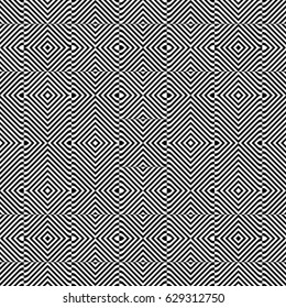 Seamless pattern with black white rounded diagonal striped lines. Optical illusion effect. Kinetic tile in op art style. Vector hypnotic background, texture. Futuristic frame, vibrant design.