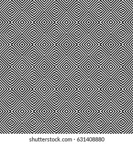 Seamless pattern with black white rounded diagonal striped lines. Optical illusion effect. Kinetic tile in op art style. Vector hypnotic background, texture. Futuristic frame, vibrant design.