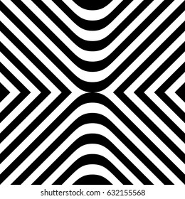 Seamless pattern with black white rounded diagonal striped lines. Optical illusion effect. Kinetic tile in op art style. Vector hypnotic background, texture. Futuristic frame, vibrant design.