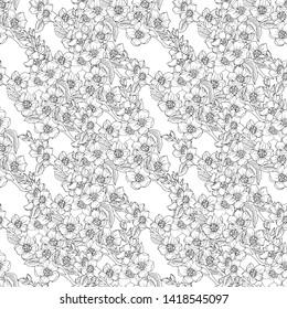 Seamless pattern in black and white with sakura branches