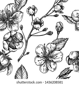 Seamless pattern with black and white sakura