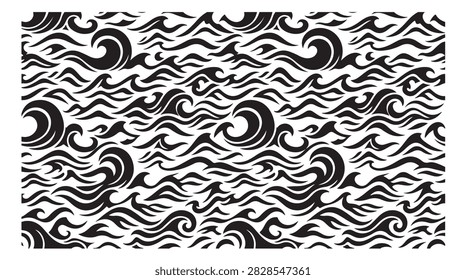 seamless pattern of black and white sea waves background with dynamic water curls and flowing graphic shapes for textile design and decorative use