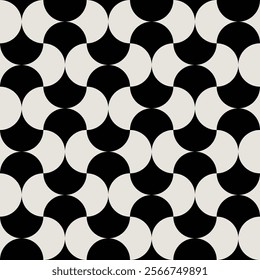 Seamless pattern in black and white shades inspired by the Midcentury modern design style. Graphical illustration for a unique wall decor, textiles and interior design.