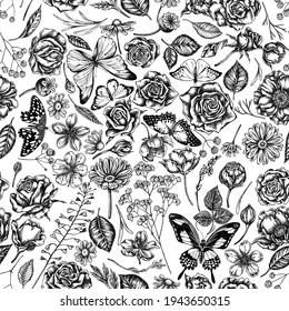 Seamless pattern with black and white shepherd's purse, heather, iris japonica, sakura, gypsophila, chamomile, almond, poppy flower, calendula, blue morpho, lemon butterfly, red lacewing, great orange