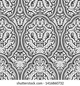 Seamless pattern Black and white shiny eastern and baroque rich foliage. Ornate islamic background for your design. Islam, Arabic, Indian, Dubai