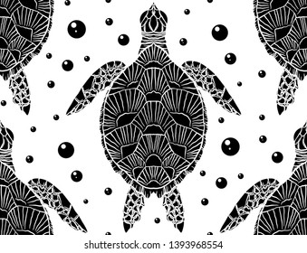 Seamless pattern with black and white silhouette of a sea turtle top view and bubbles on white background. Vector texture fot textile, wallpaper and your creativity