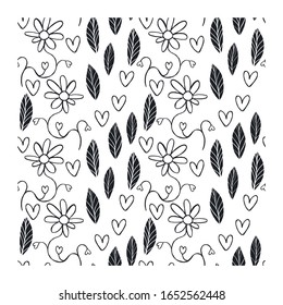 Seamless pattern of black and white silhouette stamp of chamomile flowers and branches with hearts leaves. Decorative floral elements.