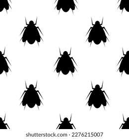 Seamless pattern with black and white silhouette of a fly. Wallpaper and bed linen print with bluebottle.