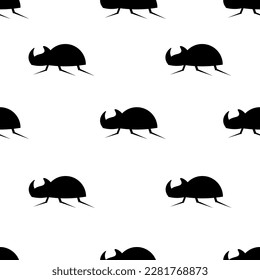 Seamless pattern with black and white silhouette of a rhinoceros beetle. Wallpaper and textile print.