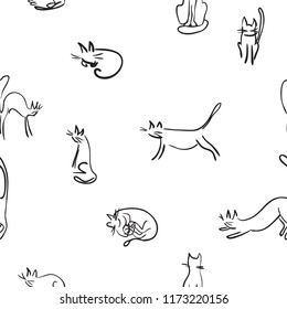 Seamless pattern with black and white simple funny images of cats like as ink drawing