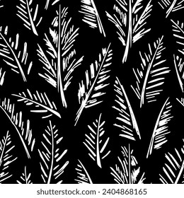 Patrón sin foco blanco negro, boceto, tinta, ramas, plantas, árbol, agujas de pino. Diseño de tejidos, papel pintado, textiles, papel