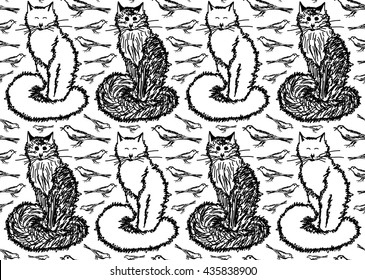 Seamless pattern with black and white sketches of cats and birds. Endless background with hand-drawn animals.